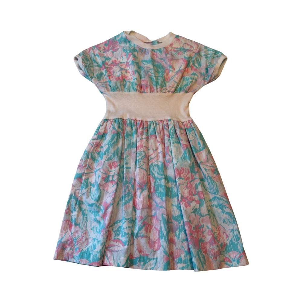 Vintage Private Party Girls Floral Dress Pastel Pink Teal Size 7 Made in USA 80s